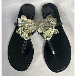 Tory Burch Women's Blossom Jelly Thong Sandals Black Silver Flower Size 7